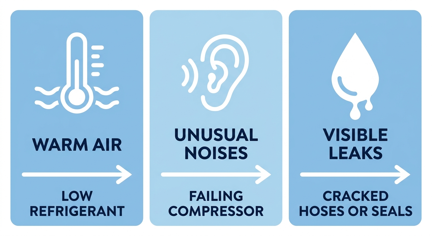 Infographic illustrating three common car AC trouble signs and their causes: warm air linked to low refrigerant or compressor failure, unusual noises from compressor clutch or leaks, and visible leaks indicating refrigerant leaks, using a blue and white color scheme.