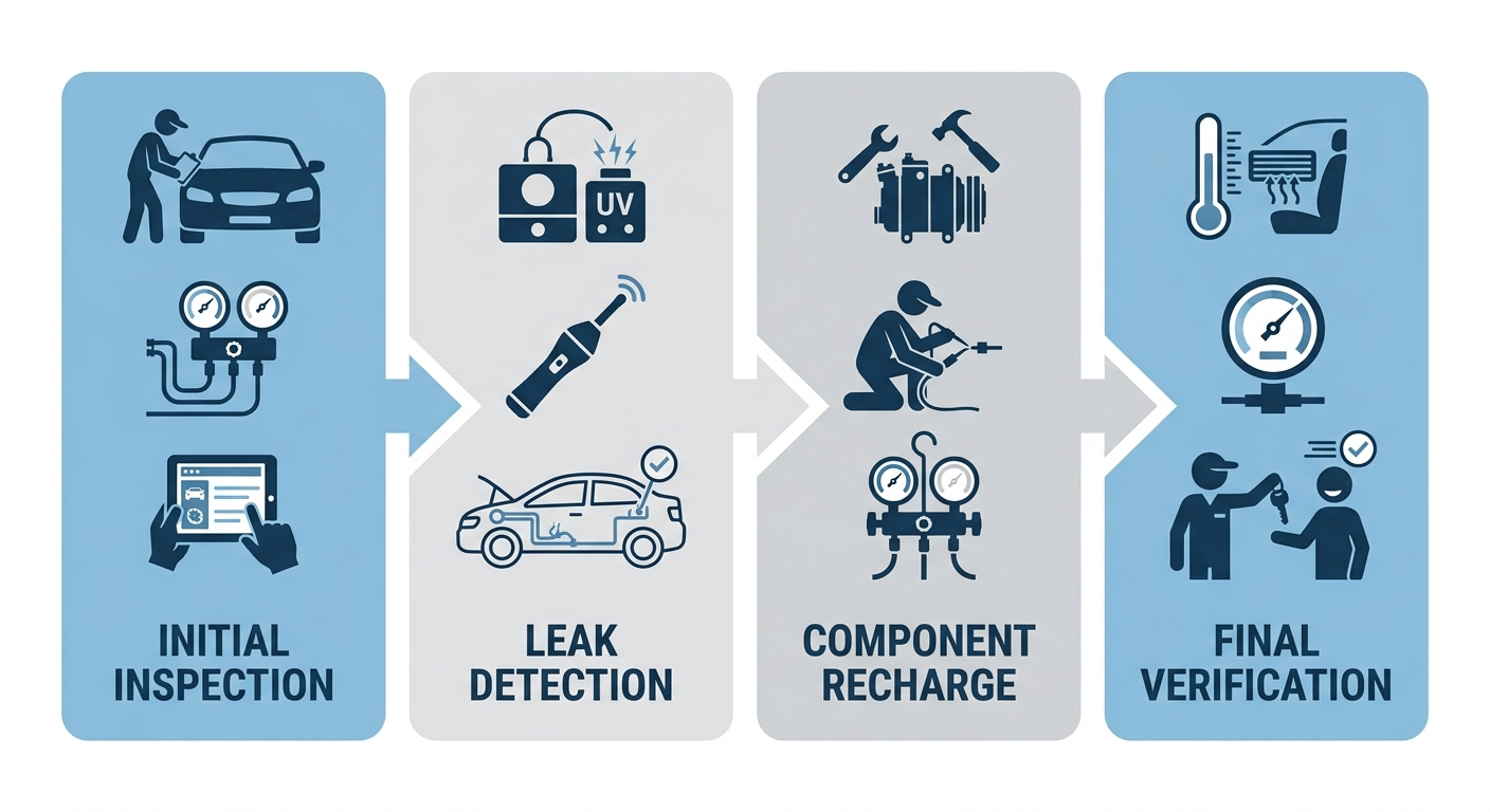 Four-stage horizontal process flow illustrating car AC diagnostics.