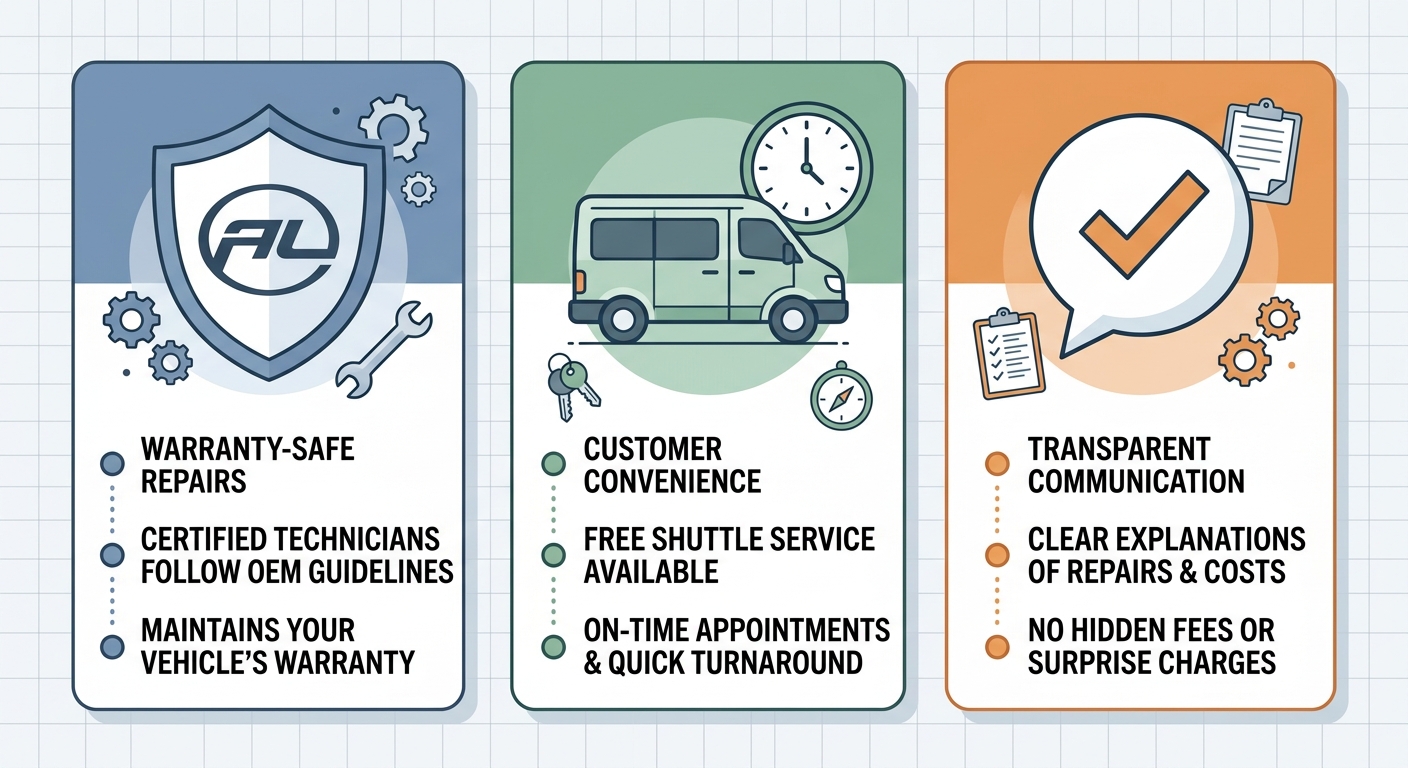Three-panel infographic comparing warranty-safe repairs, customer convenience features, and transparent communication benefits of a full-service auto shop in St. Thomas.