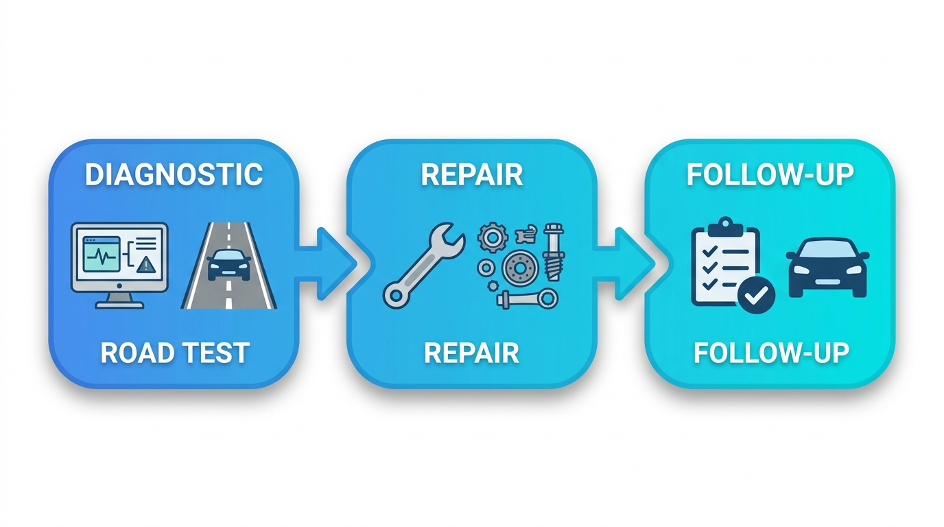 A horizontal process flow diagram showing three stages of car repair: Diagnostic, Repair, and Follow-Up, with icons and gradient blue-cyan rectangles connected by arrows on a white background.
