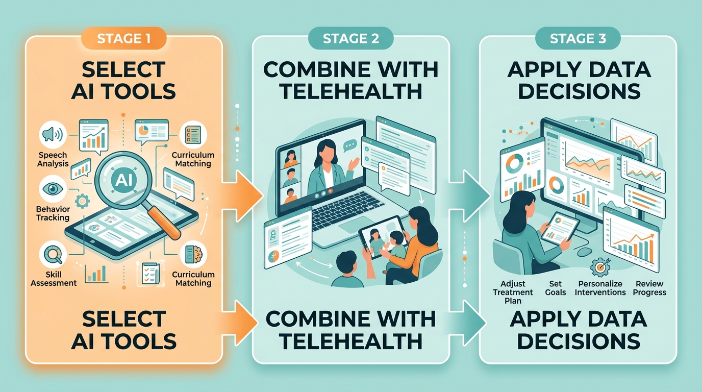 Horizontal three-step process diagram showing integration of AI tools into ABA therapy, with steps for selecting AI-enhanced tools, combining with telehealth ABA therapy, and applying data-driven decisions in sessions