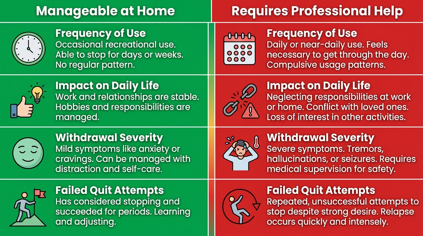 Decision-guide infographic comparing manageable at home versus requires professional help for addiction signs