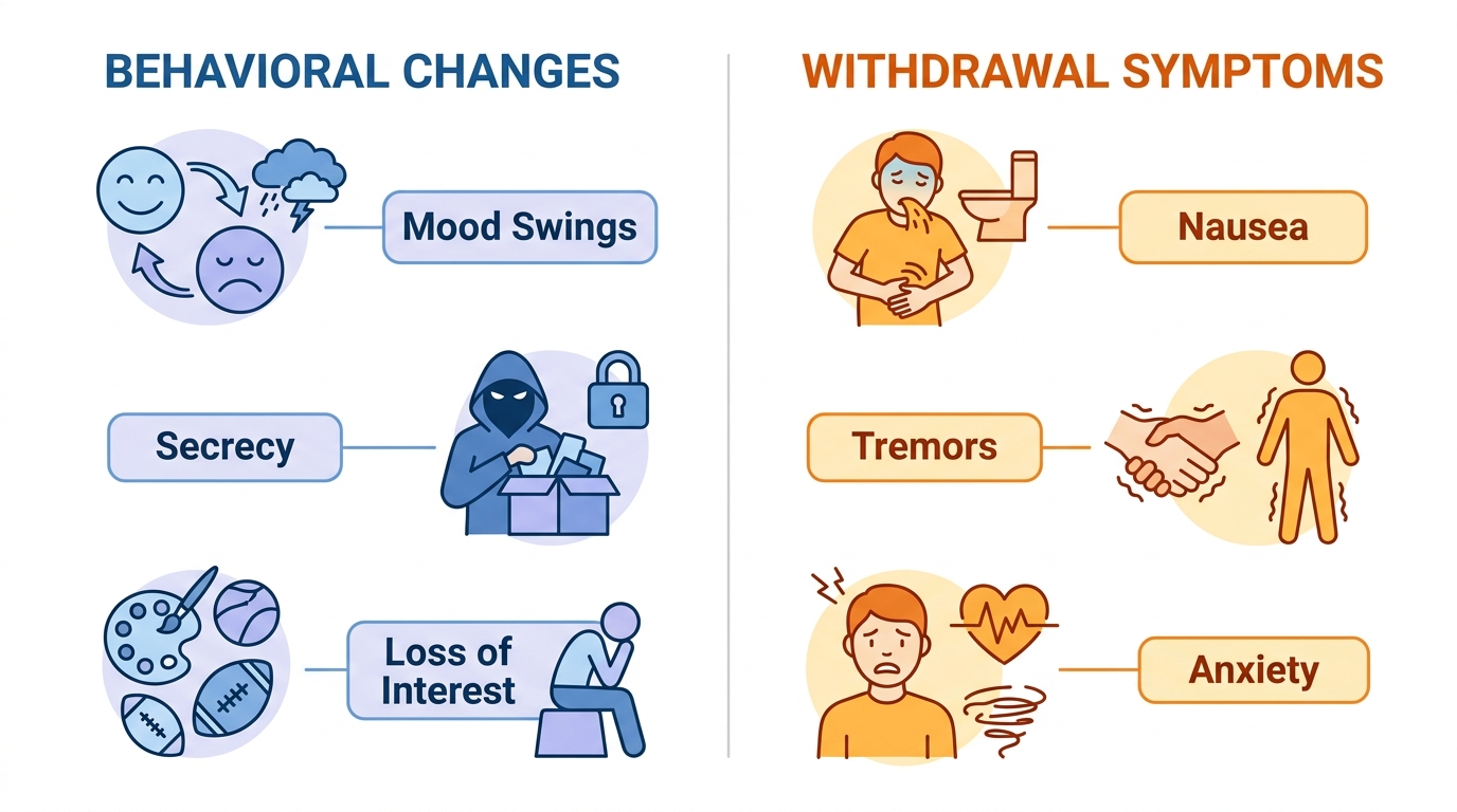 Two-column infographic: left blue column Behavioral Changes with mood swings, secrecy, loss of interest icons; right orange column Withdrawal Symptoms with nausea, tremors, anxiety icons; no title text.