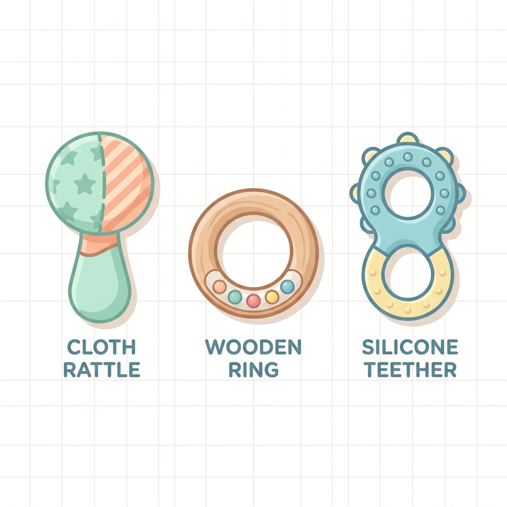 Three soft rattle icon set for infant auditory stimulation toys