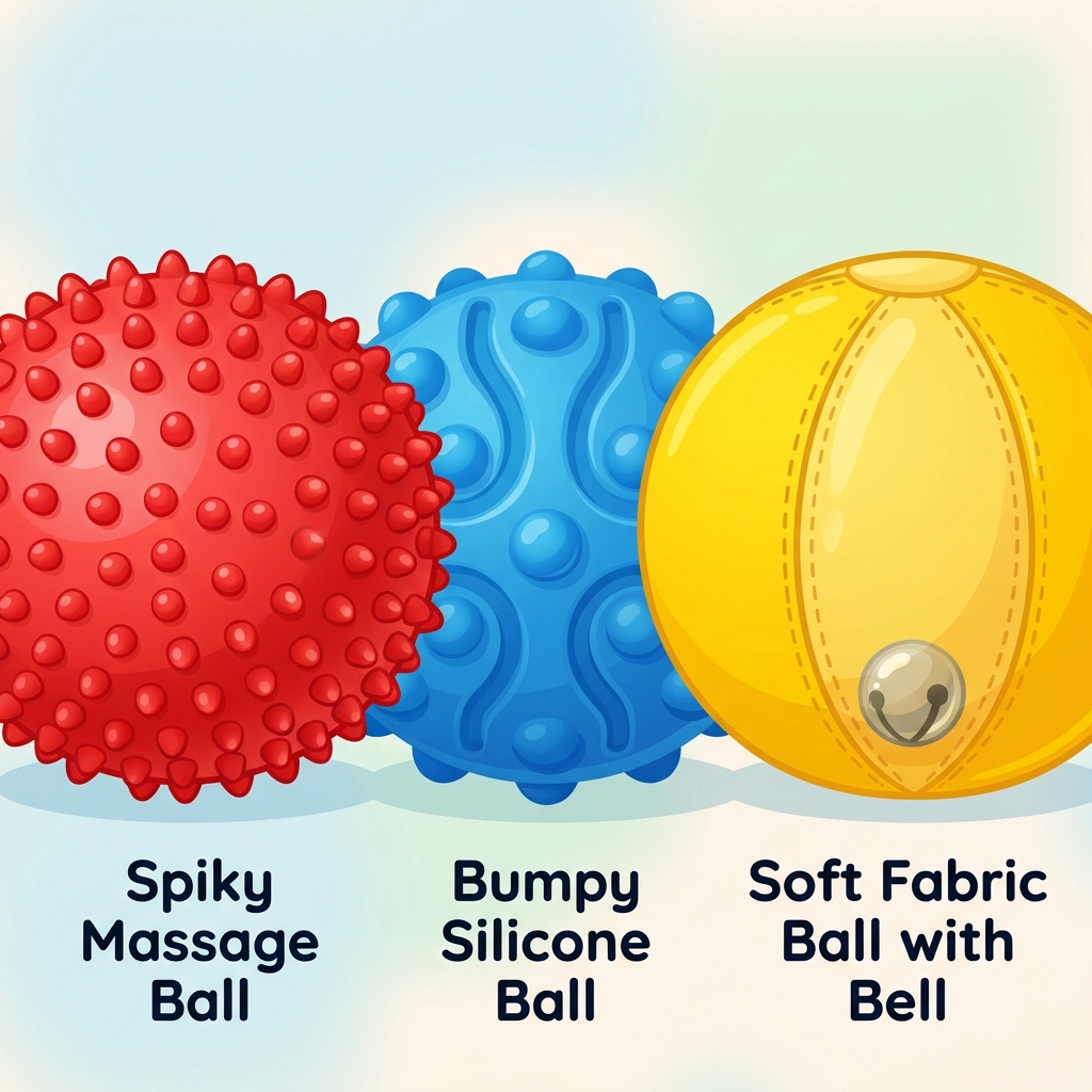 Three sensory balls for infants: spiky massage ball, bumpy silicone ball, and soft fabric ball with bell highlighted in bright colors on a pastel background