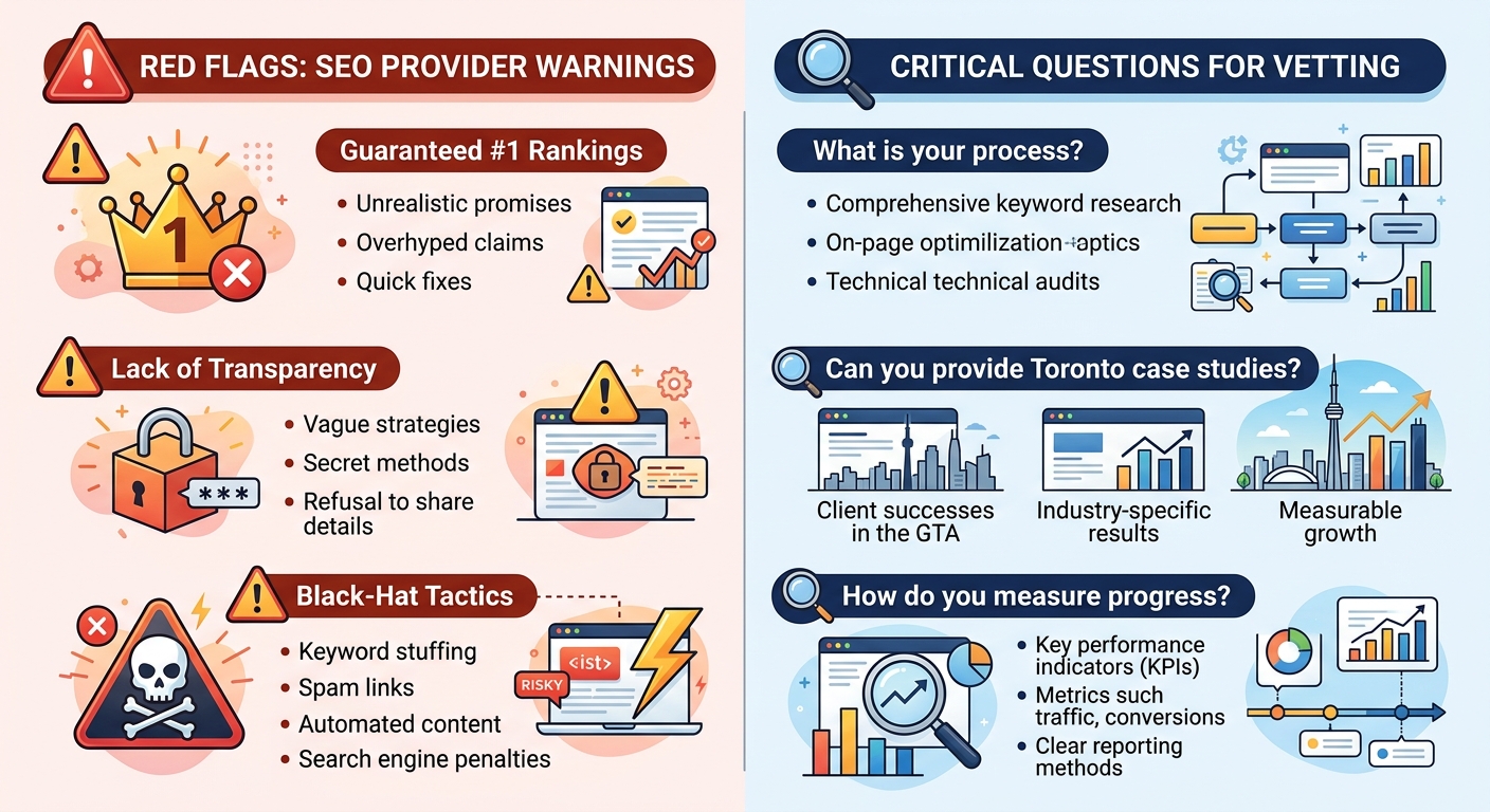 Left column red flags with warning icons: guaranteed number one rankings, lack of transparency, black hat tactics. Right column critical questions with magnifying glass icons: what is your process, can you provide Toronto case studies, how do you measure progress. Bold warm red and navy color scheme, professional advisory layout.