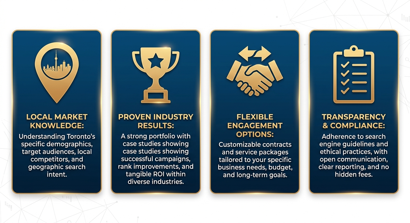 Infographic showing four key criteria for hiring an SEO company in Toronto: Local Market Knowledge, Proven Industry Results, Flexible Engagement Options, and Transparency & Compliance.