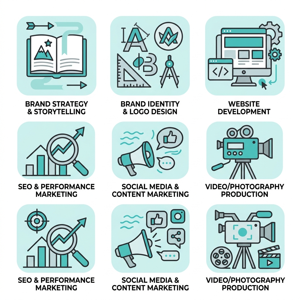 Icon set grid showing six core service categories for a full-service branding agency in Edmonton