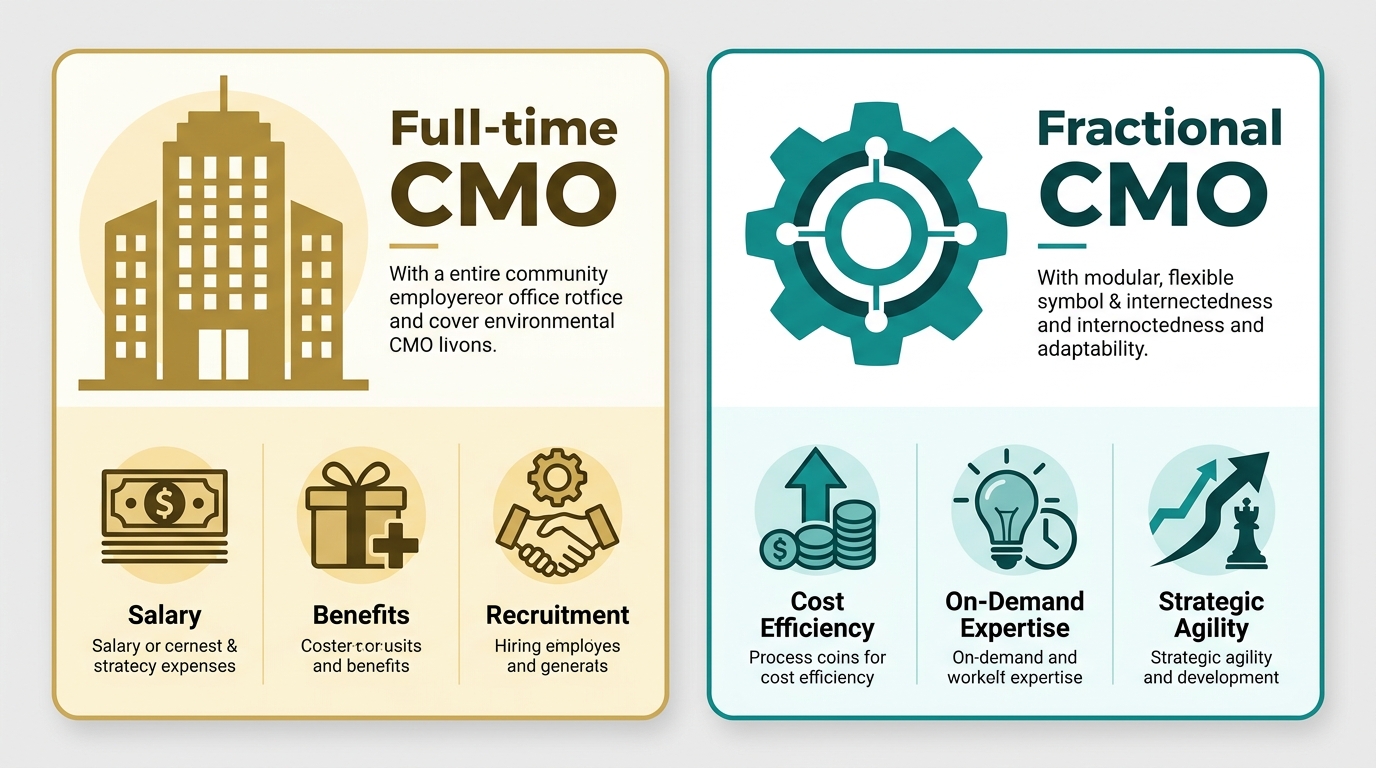 Side-by-side comparison infographic showing a full-time CMO versus fractional CMO. Left side: a large office building silhouette with salary, benefits, and recruitment expense icons. Right side: modular gear symbol with cost efficiency, on-demand expertise, and strategic agility icons. Color-coded sections using brand teal and soft gold. Professional layout, no text.