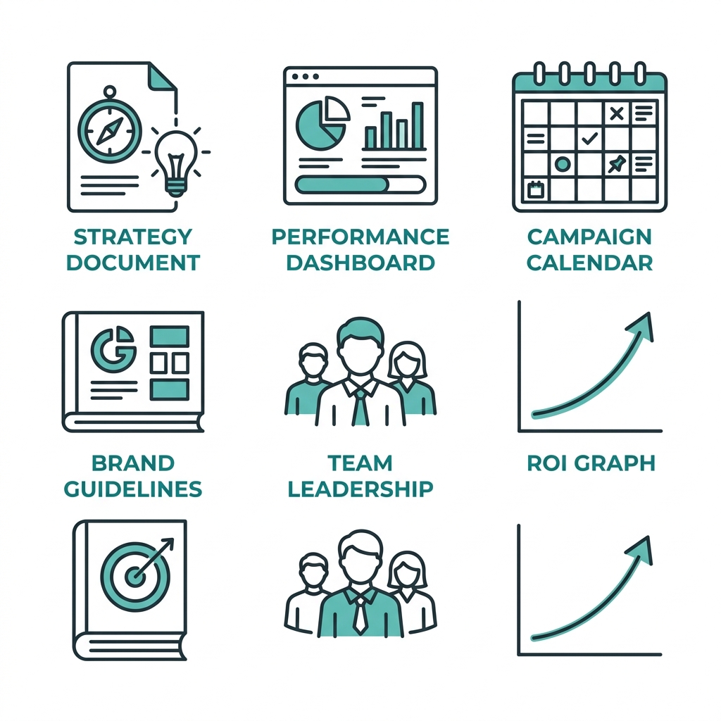 Set of six minimalist icons representing fractional CMO services: strategy document, performance dashboard, campaign calendar, brand guidelines, team leadership, and ROI graph on a clean white background.