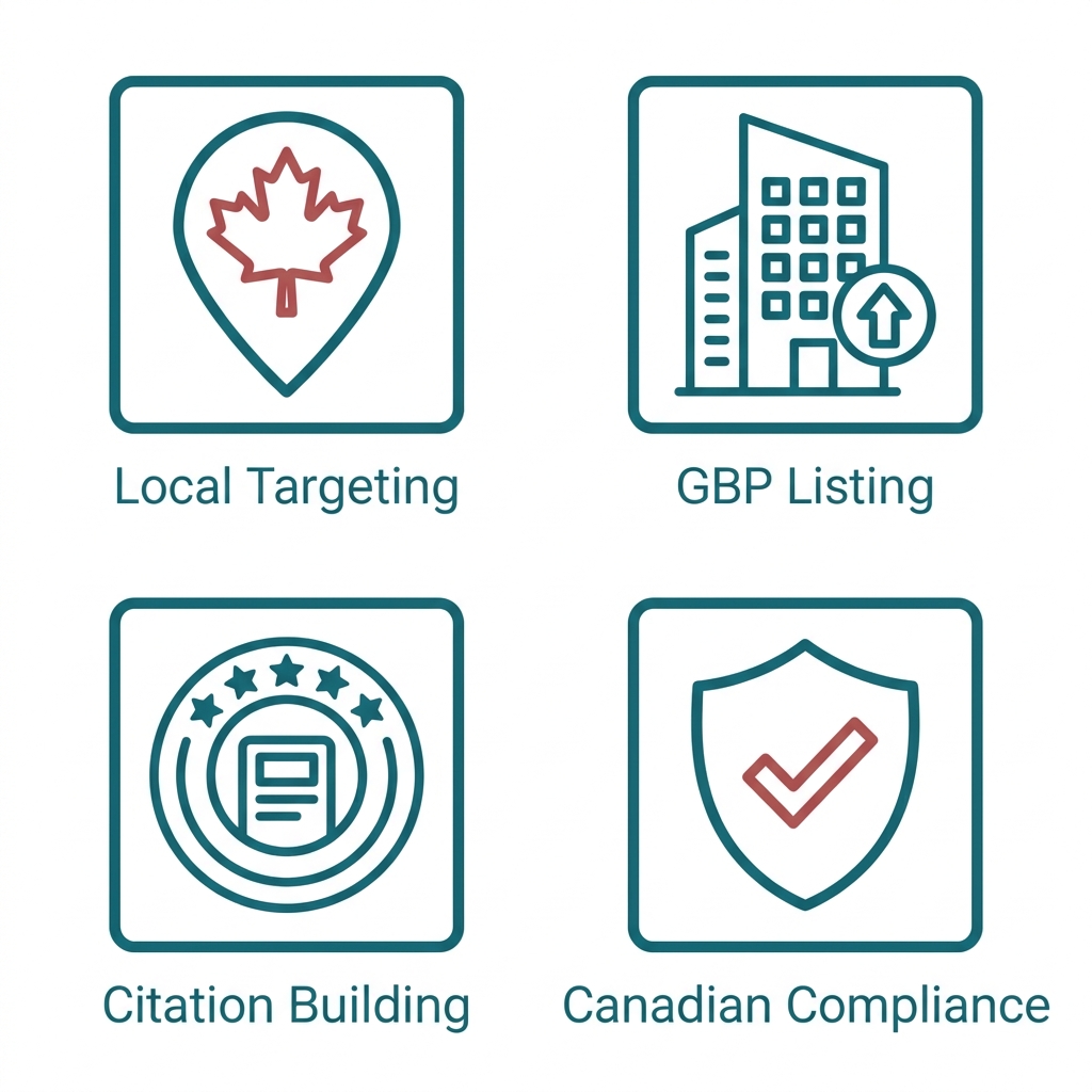 Icon set for Calgary local SEO featuring map pin with maple leaf, building, star citation badge, and checkmark shield in teal and muted red