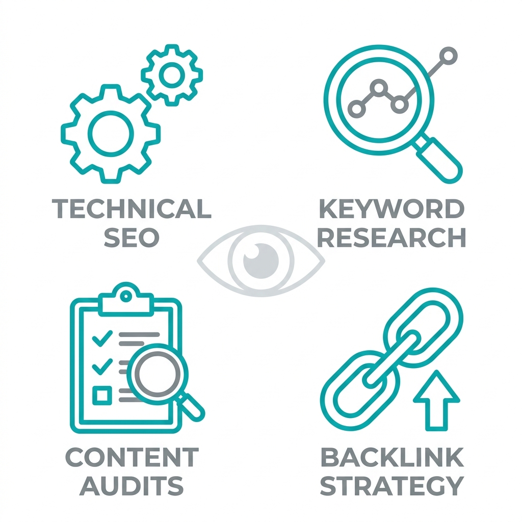 Icon set representing comprehensive SEO services and transparent practices