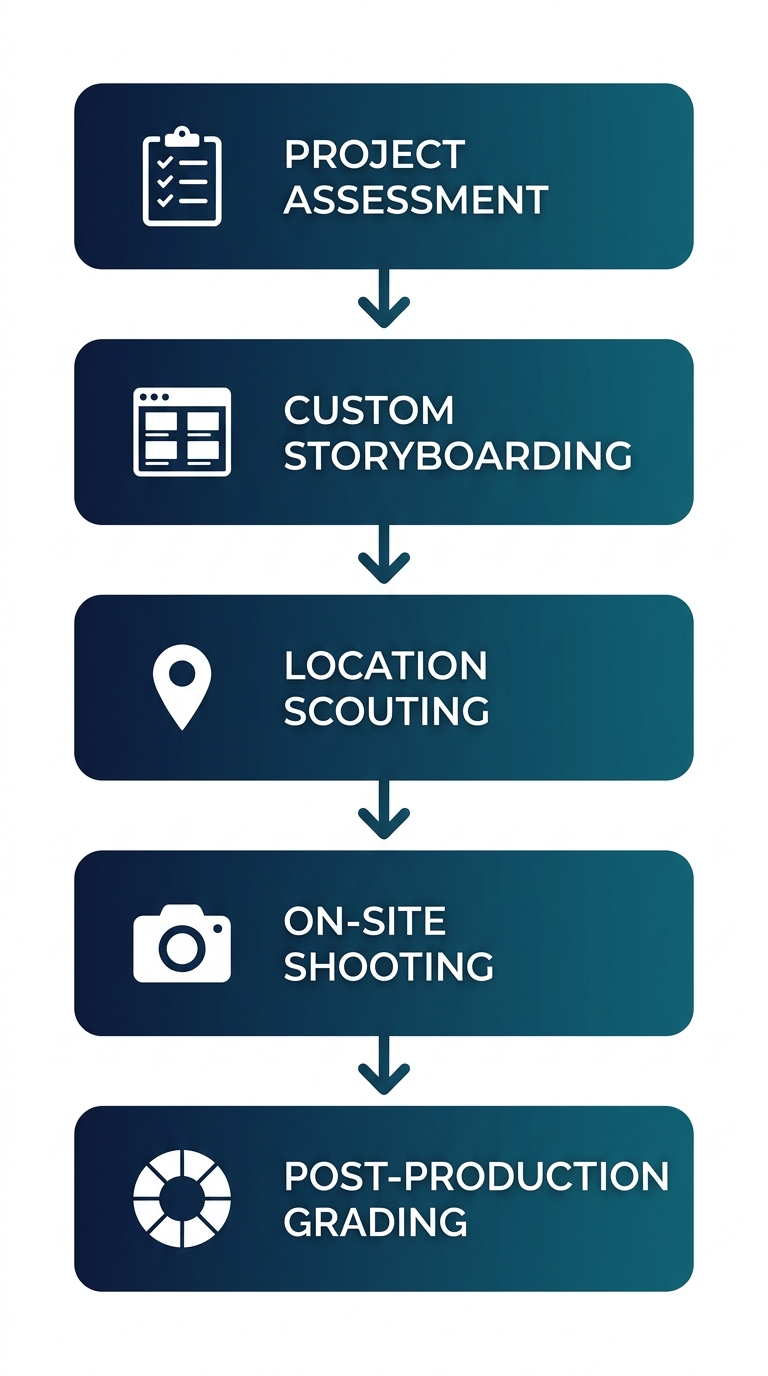 Five-step vertical process flow for commercial videography and hotel photography production.