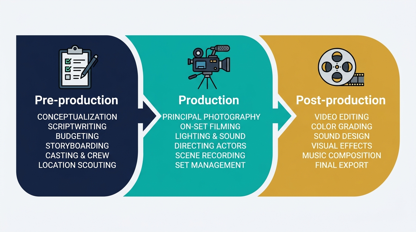 Timeline of videography project phases from pre-production through post-production