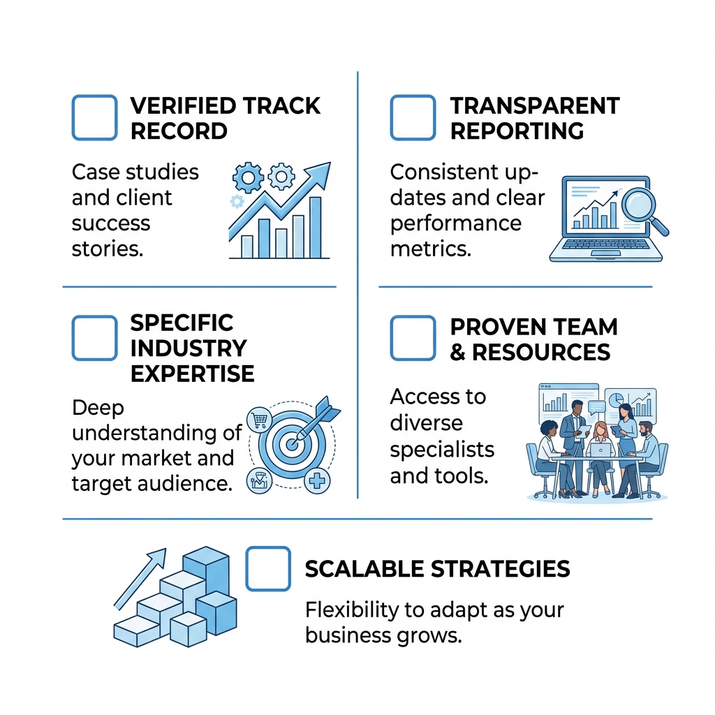 Checklist for evaluating a digital marketing agency: review portfolio, confirm services, ask about reporting, check testimonials, verify Vancouver market knowledge.