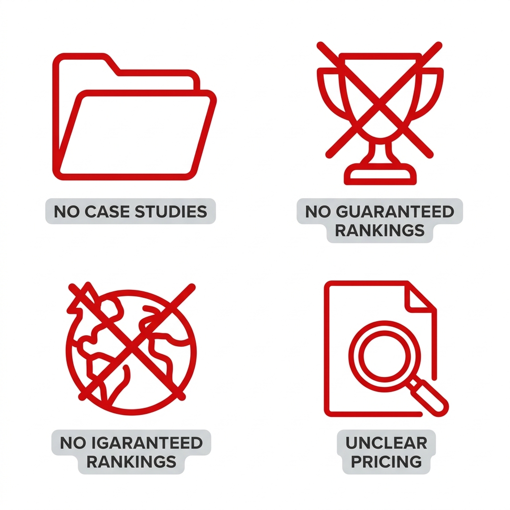 Icon set showing three red flag warning symbols for Vancouver marketing agencies: empty folder for no case studies, crossed-out trophy for exaggerated rankings, and magnifying glass over blank contract for unclear pricing.