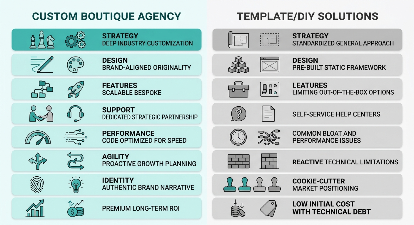 Side-by-side comparison of custom boutique agency and template DIY web design solutions across eight dimensions