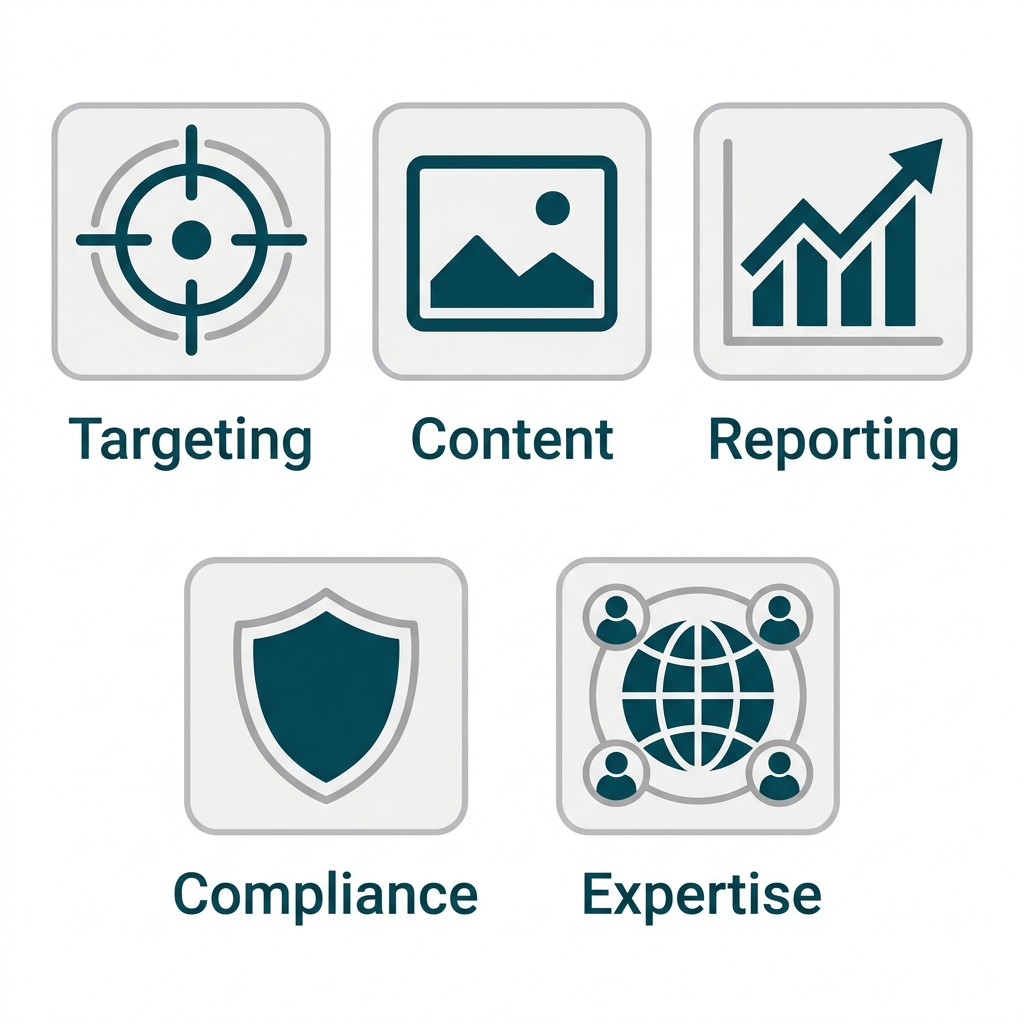 Icon set showing five criteria: target for strategic alignment, picture for content quality, graph for reporting transparency, shield for ethical compliance, and globe for platform expertise.