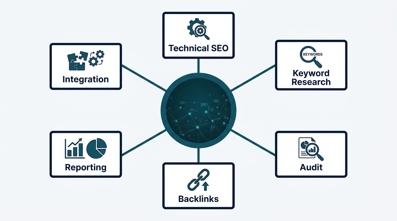 Infographic for Edmonton SEO services showing six connected nodes: technical SEO, keyword research, audit, backlinks, reporting, and integration.