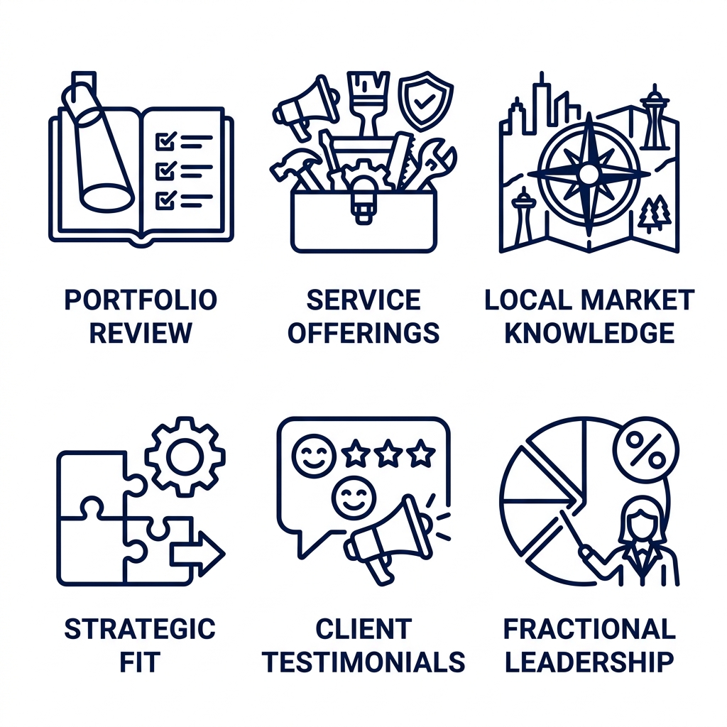 Evaluation icons: portfolio, services, geography, strategy, testimonials, leadership in outlined style