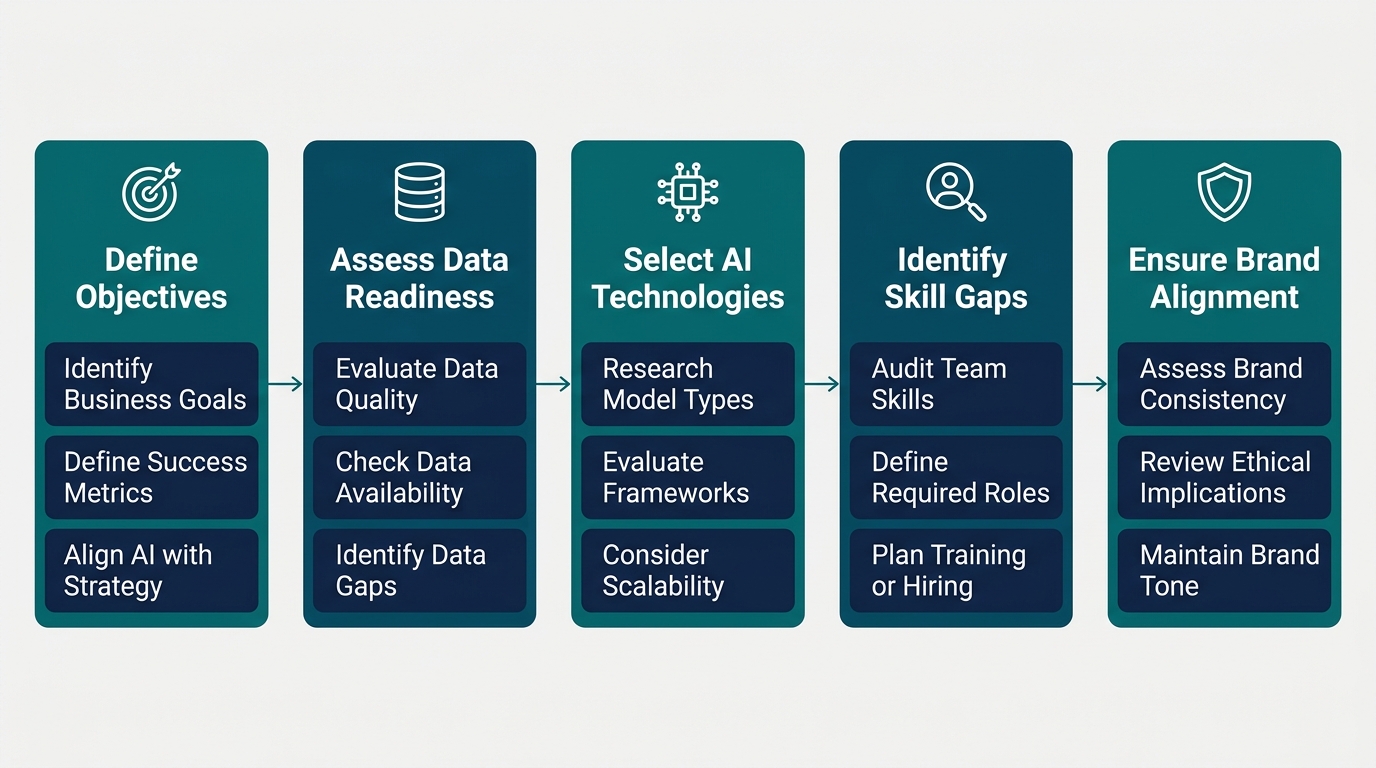 Five key decision points for AI implementation in a horizontal row, each as a colored card with an icon and short text, connected by thin arrows, in a clean corporate style.