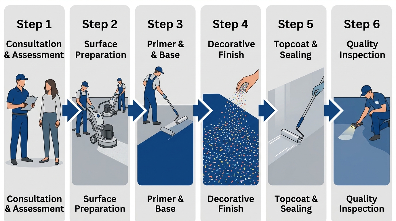 Six-step epoxy flooring installation process with icons and labels connected by arrows