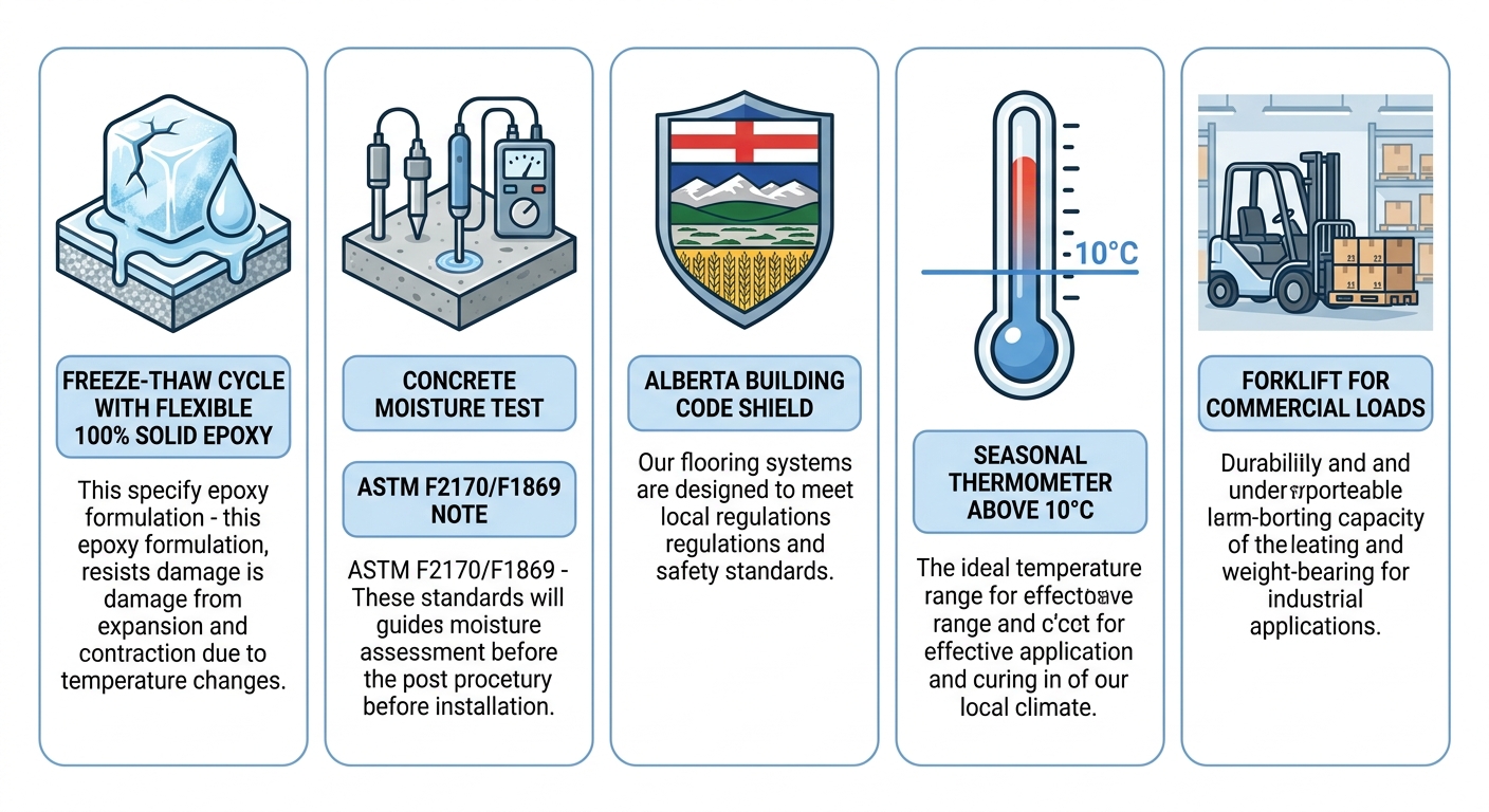 Infographic of Edmonton-specific epoxy flooring factors including freeze-thaw cycle, concrete moisture testing, Alberta building code, seasonal installation, and commercial load icons