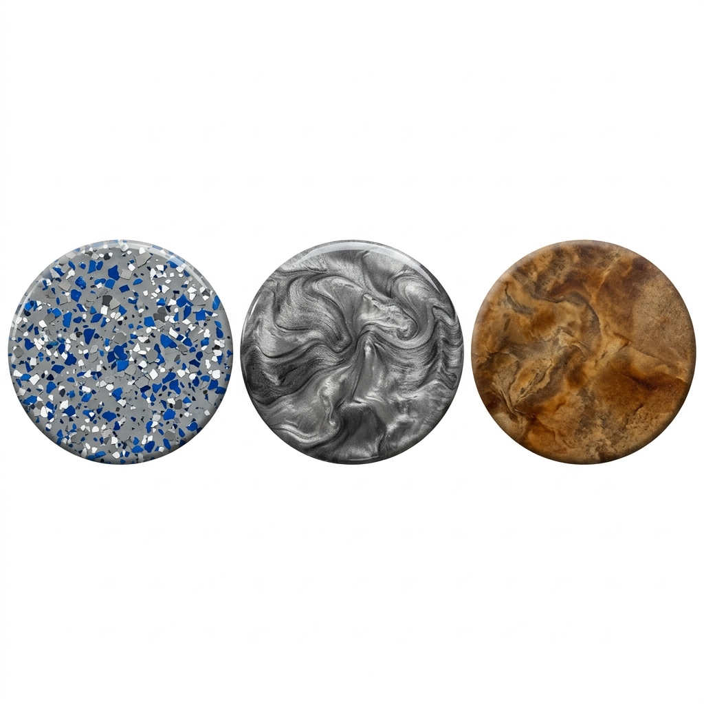Decorative epoxy finish icons including colour flake epoxy, metallic epoxy, and acid stain concrete options for flooring customization.