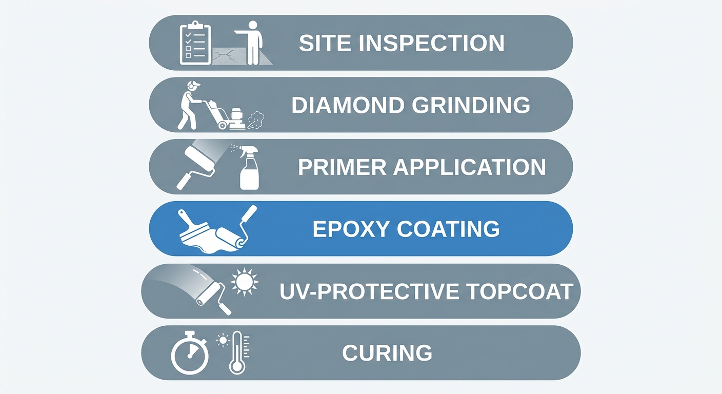 Vertical process flow diagram showing six key stages of professional epoxy floor installation in Kelowna: Site Inspection, Diamond Grinding, Primer Application, Epoxy Coating, UV-Protective Topcoat, and Curing.