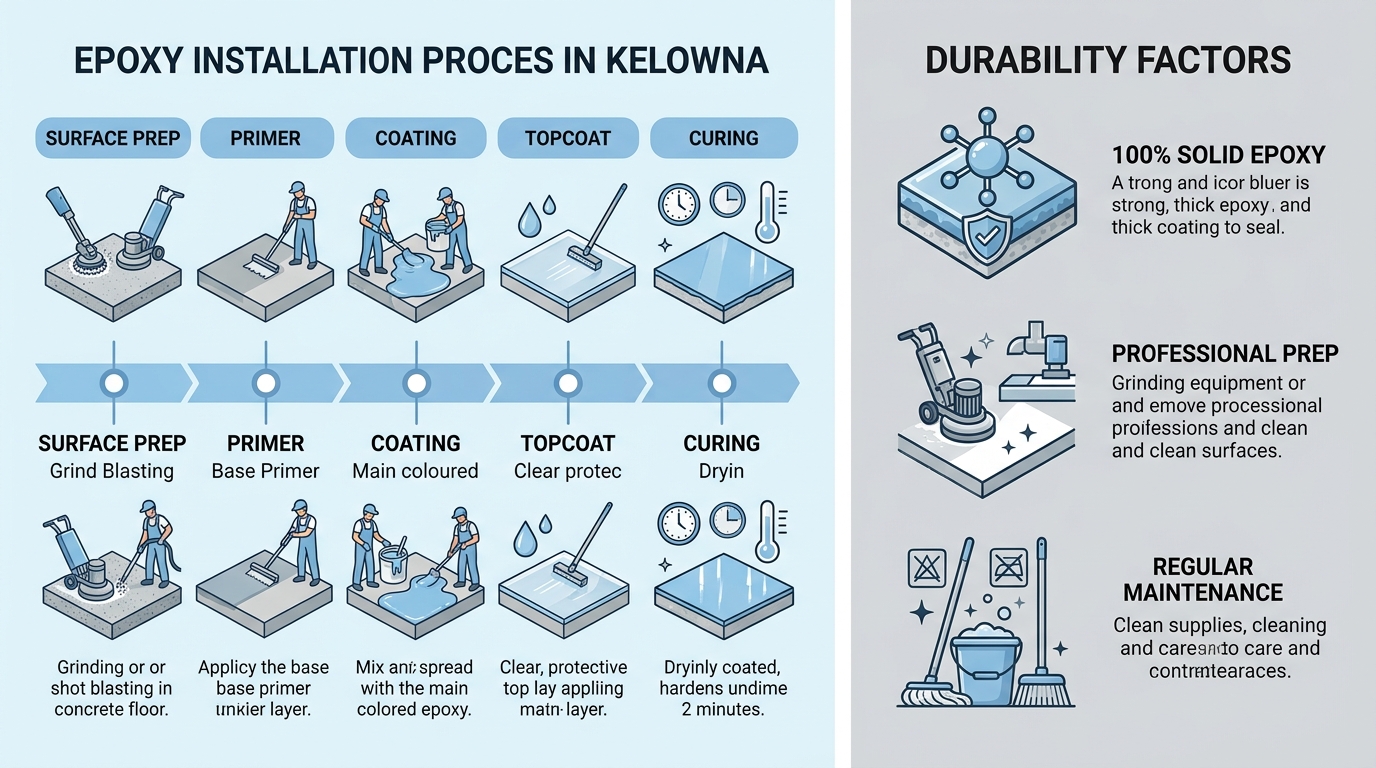 Timeline and durability of epoxy flooring in Kelowna, showing installation steps and key factors for long-term performance