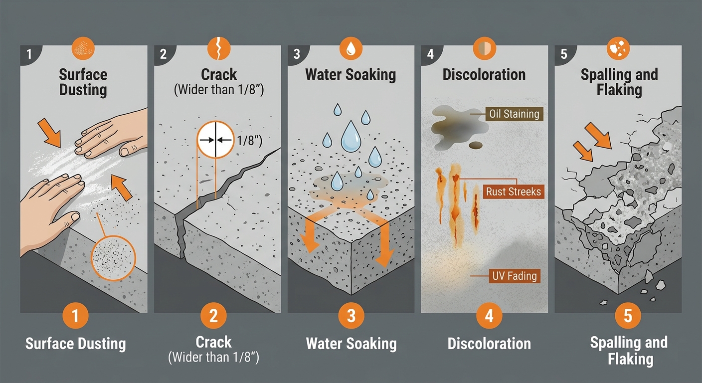 Infographic showing five signs of concrete damage: dusting, cracking, water absorption, staining, and spalling, with icons and labels for Epo-Tech flooring solutions.