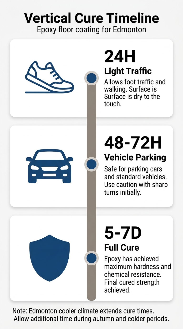 Vertical timeline showing post-installation cure periods for epoxy floor coating with three milestones: 24 hours for light foot traffic, 48-72 hours for vehicle parking, and 5-7 days for full chemical cure, with a note about Edmonton's cooler climate extending times.