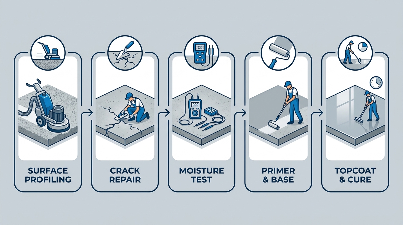 Horizontal process flow diagram with five stages for concrete and epoxy floor installation by Epo-Tech in Edmonton