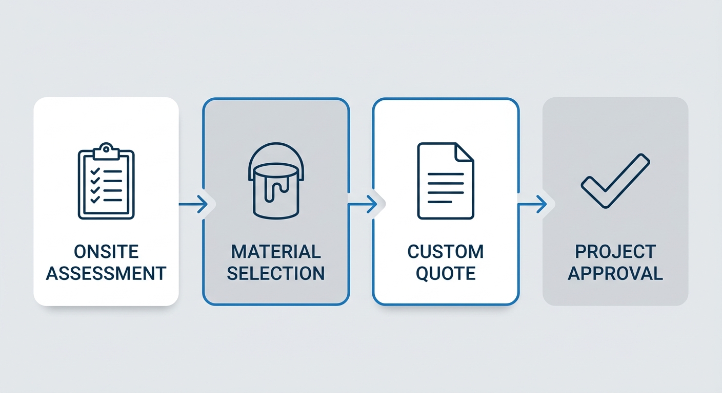 Process flow diagram showing the four steps of industrial flooring approval: Onsite Assessment, Material Selection, Custom Quote, and Project Approval, with connected arrows and outlined icons.