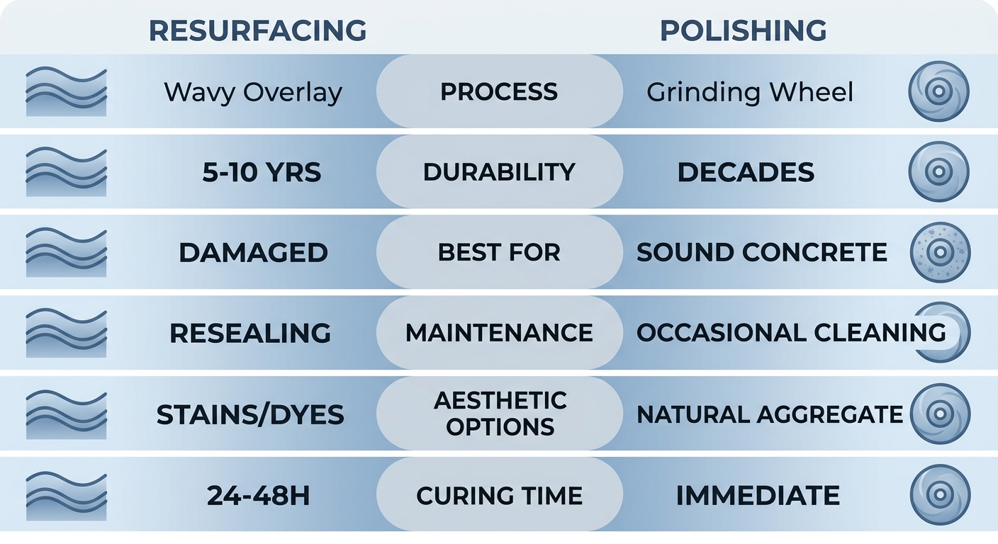Side-by-side comparison infographic of concrete resurfacing and polishing with six categories including process, durability, best for, maintenance, aesthetic options, and curing time. Soft blue and grey palette.