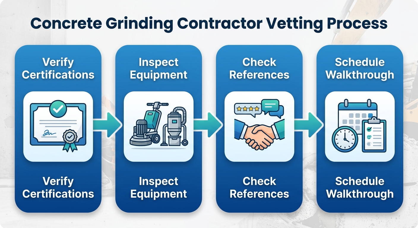 Four-step horizontal process flow for vetting a concrete grinding contractor in Edmonton, with steps: Verify Certifications, Inspect Equipment, Check References, and Schedule Walkthrough.
