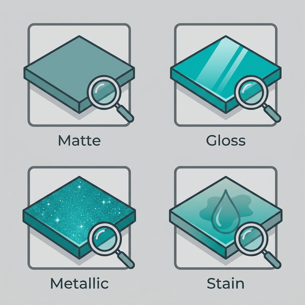 2x2 icon grid of concrete finishes: matte, gloss, metallic, stain with magnifying glass inspection