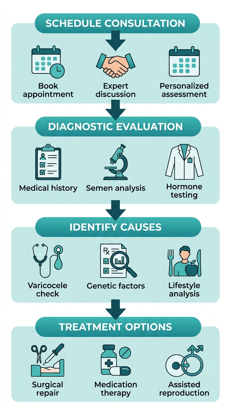 Vertical process flow with four steps for male fertility treatment: schedule consultation, diagnostic evaluation, identify causes, and treatment options, using teal gradient colors.