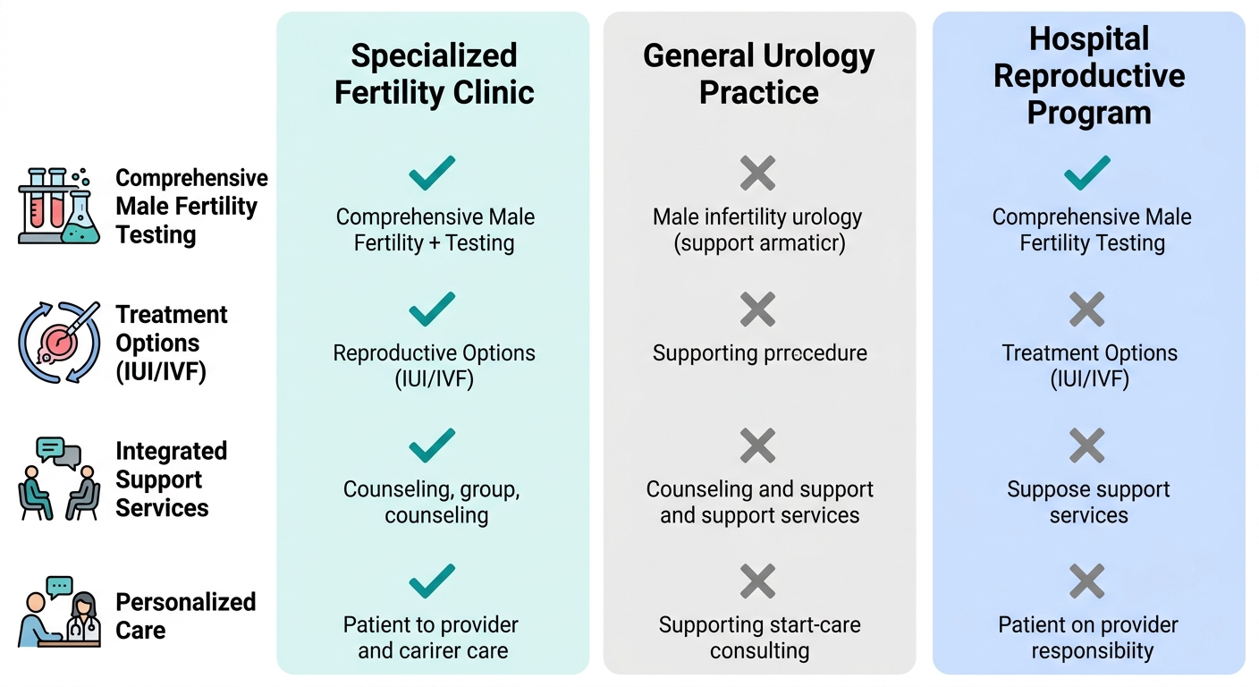Provider comparison infographic for male infertility care in South Florida, with columns for specialized fertility clinic, general urology practice, and hospital reproductive program.
