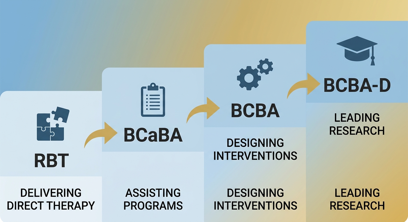 Infografía de la trayectoria profesional de BCBA que muestra cuatro niveles ascendentes desde RBT hasta BCBA-D con íconos y etiquetas