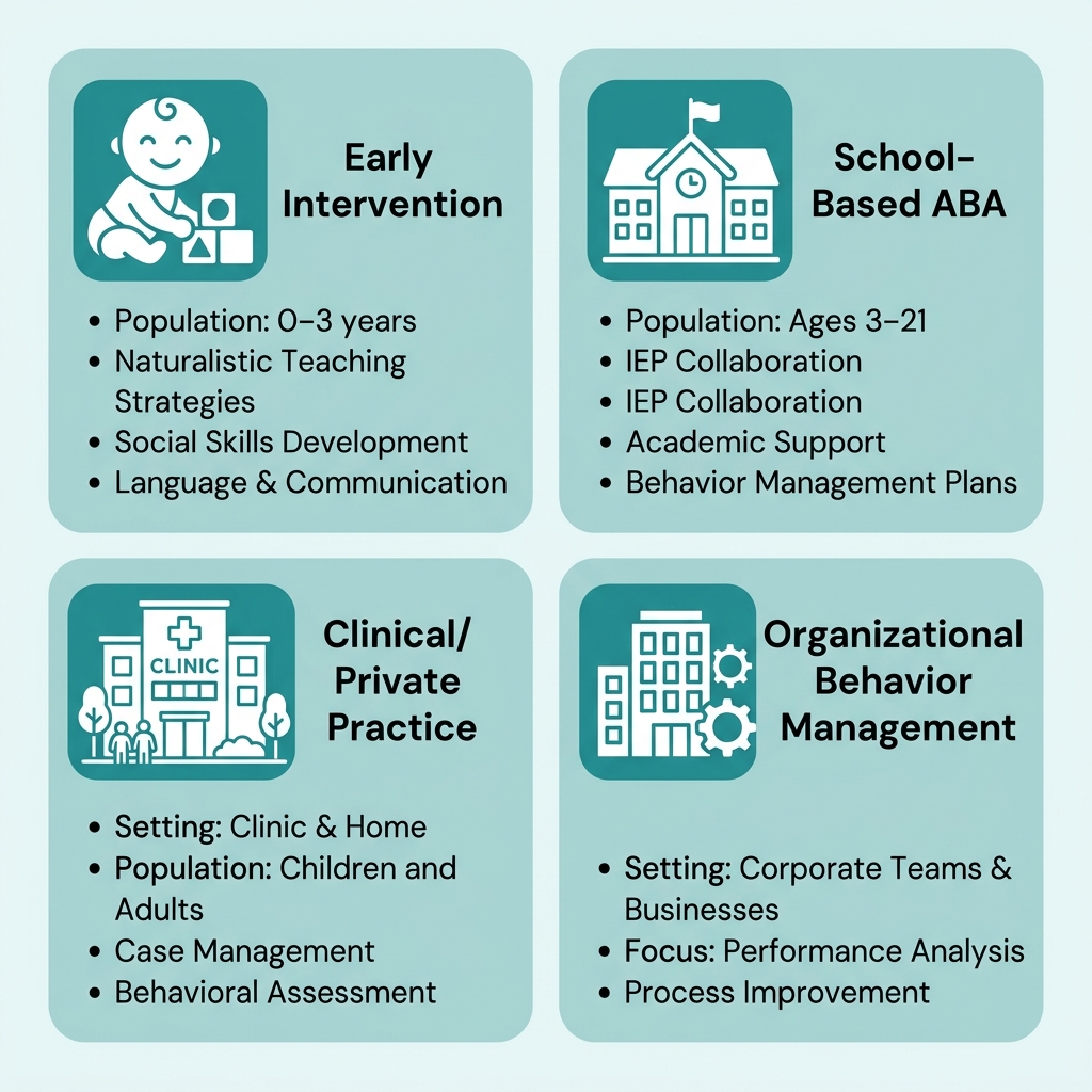 2x2 grid infografía de cuatro trayectorias de especialización para BCBAs: Early Intervention, School-Based ABA, Clinical/Private Practice, y Organizational Behavior Management con iconos blancos y acentos teal.