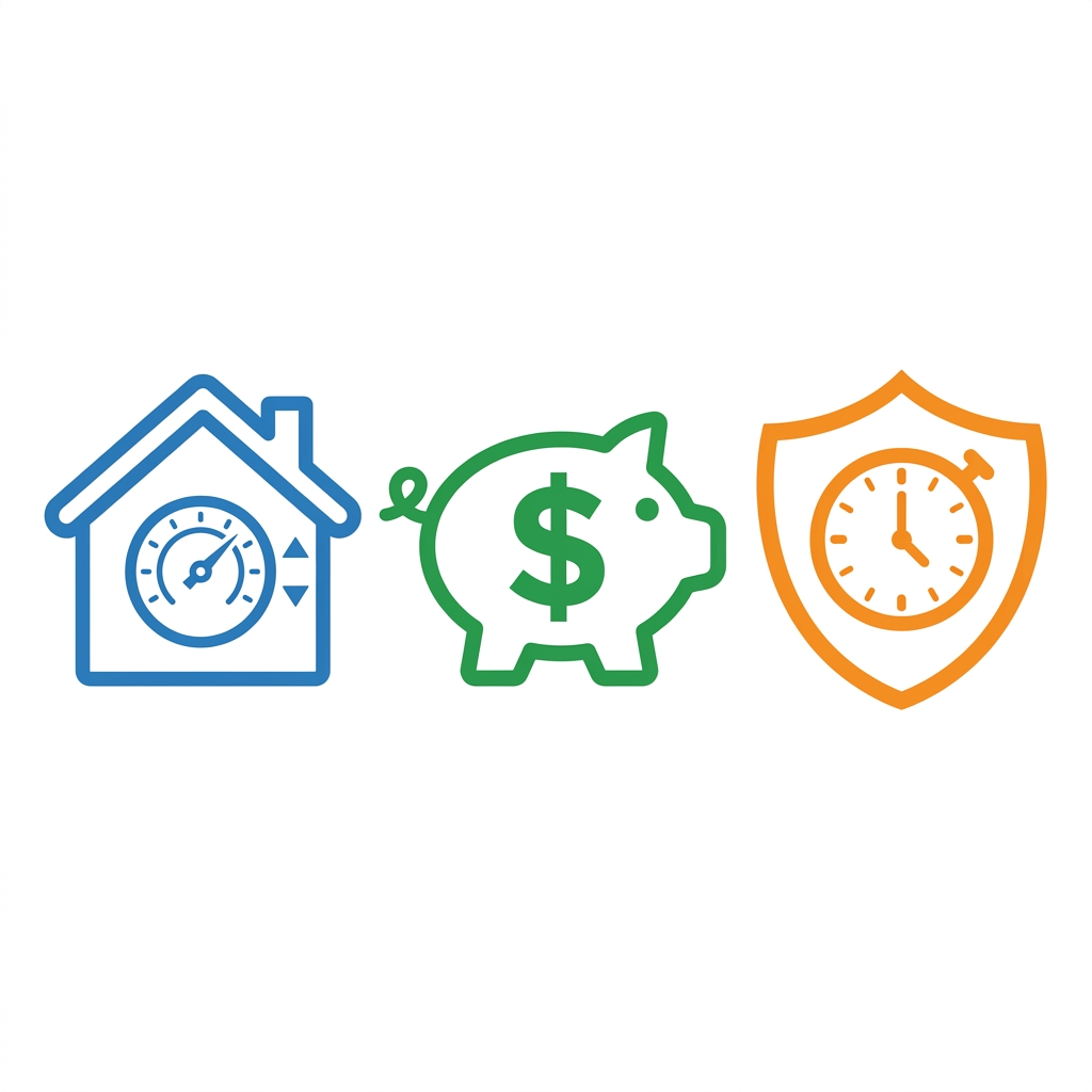 Set of three icons: house with thermostat, piggy bank with dollar sign, and shield with clock, each in distinct colors on white background representing HVAC benefits