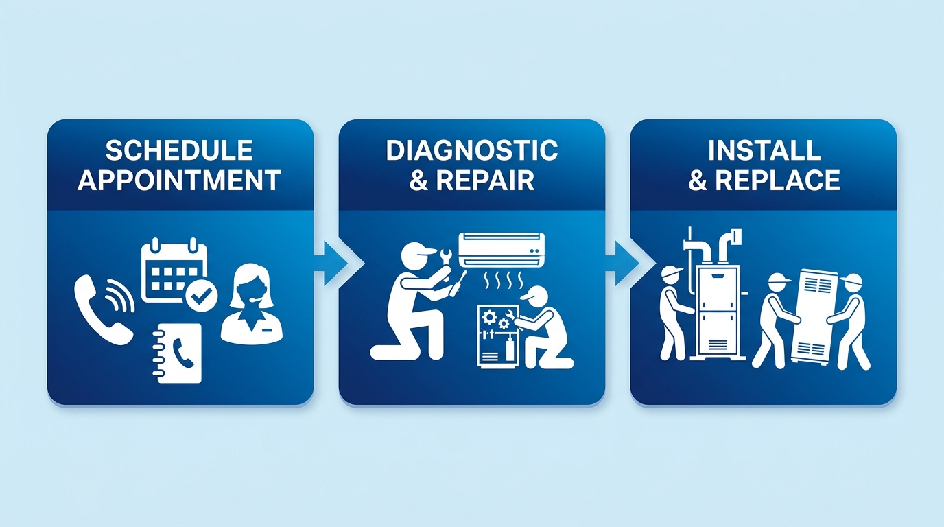 Diagram showing three stages of HVAC service process: Schedule Appointment, Diagnostic & Repair, and Installation & Replacement