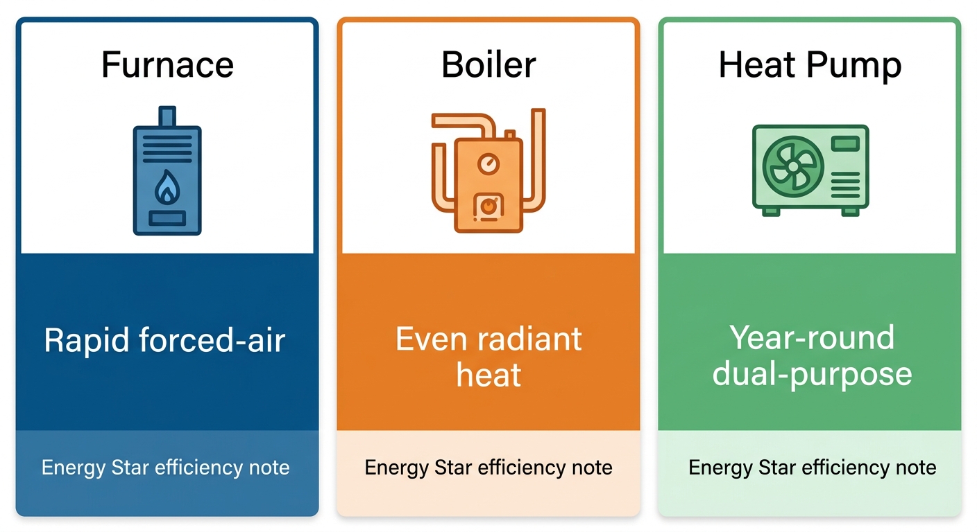 Infographic comparing furnaces, boilers, and heat pumps for Stillwater homes, with benefit labels and Energy Star efficiency.