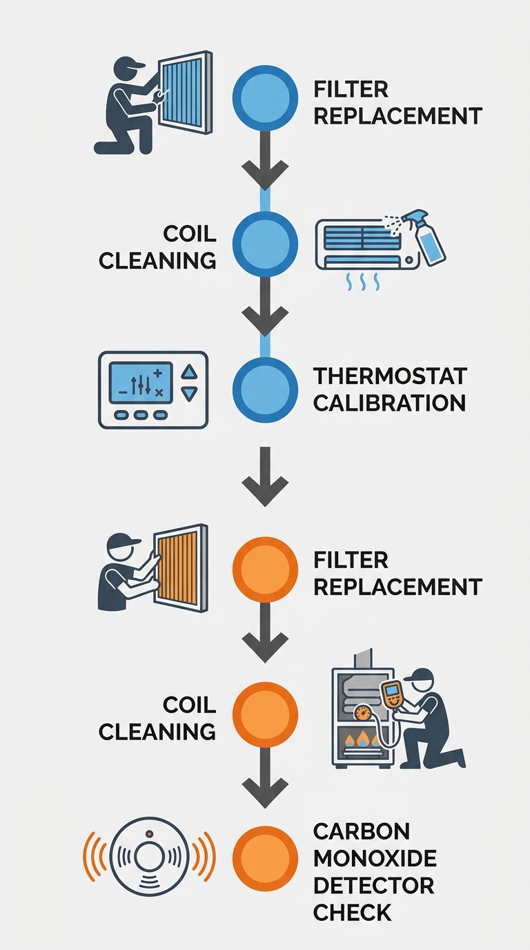 Vertical timeline of seasonal HVAC maintenance tasks for Stillwater homeowners, showing spring and summer cooling prep and fall and winter heating prep with icons.