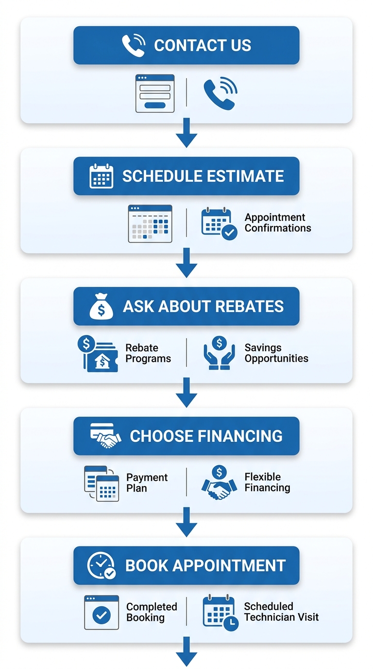 Vertical process flow diagram showing 5 steps to schedule HVAC maintenance or new system with Schwantes Heating, including Contact Us, Schedule Estimate, Ask About Rebates, Choose Financing, and Book Appointment.