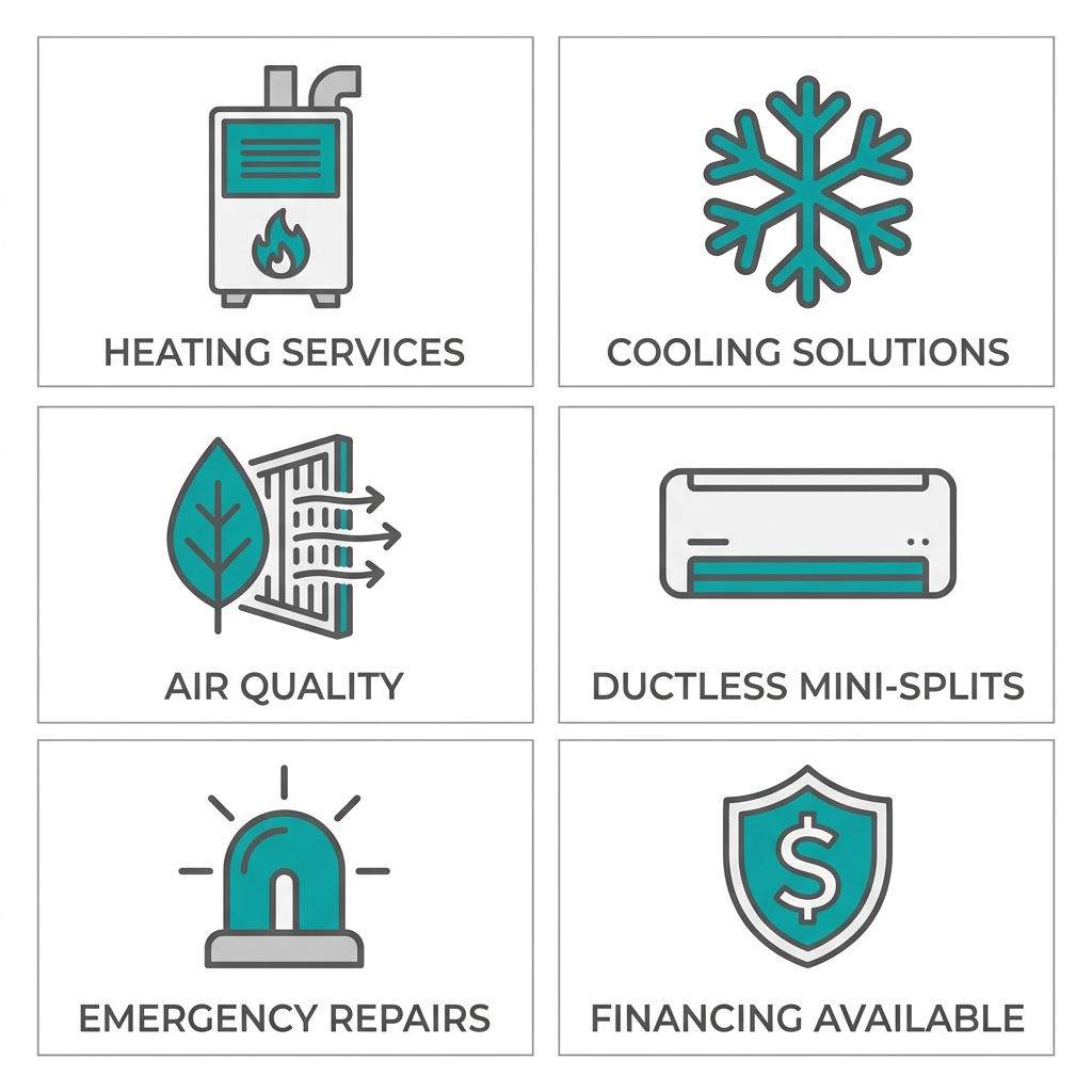 Icon set of six HVAC services: heating, cooling, indoor air quality, ductless mini-split, emergency repair, and financing.