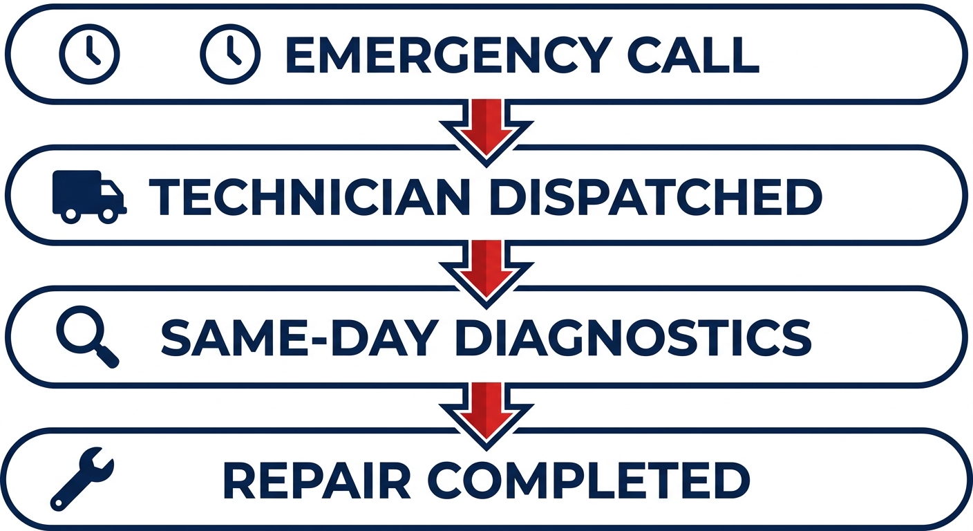Vertical process flow showing four steps of emergency HVAC service: Emergency Call, Technician Dispatched, Same-Day Diagnostics, Repair Completed.