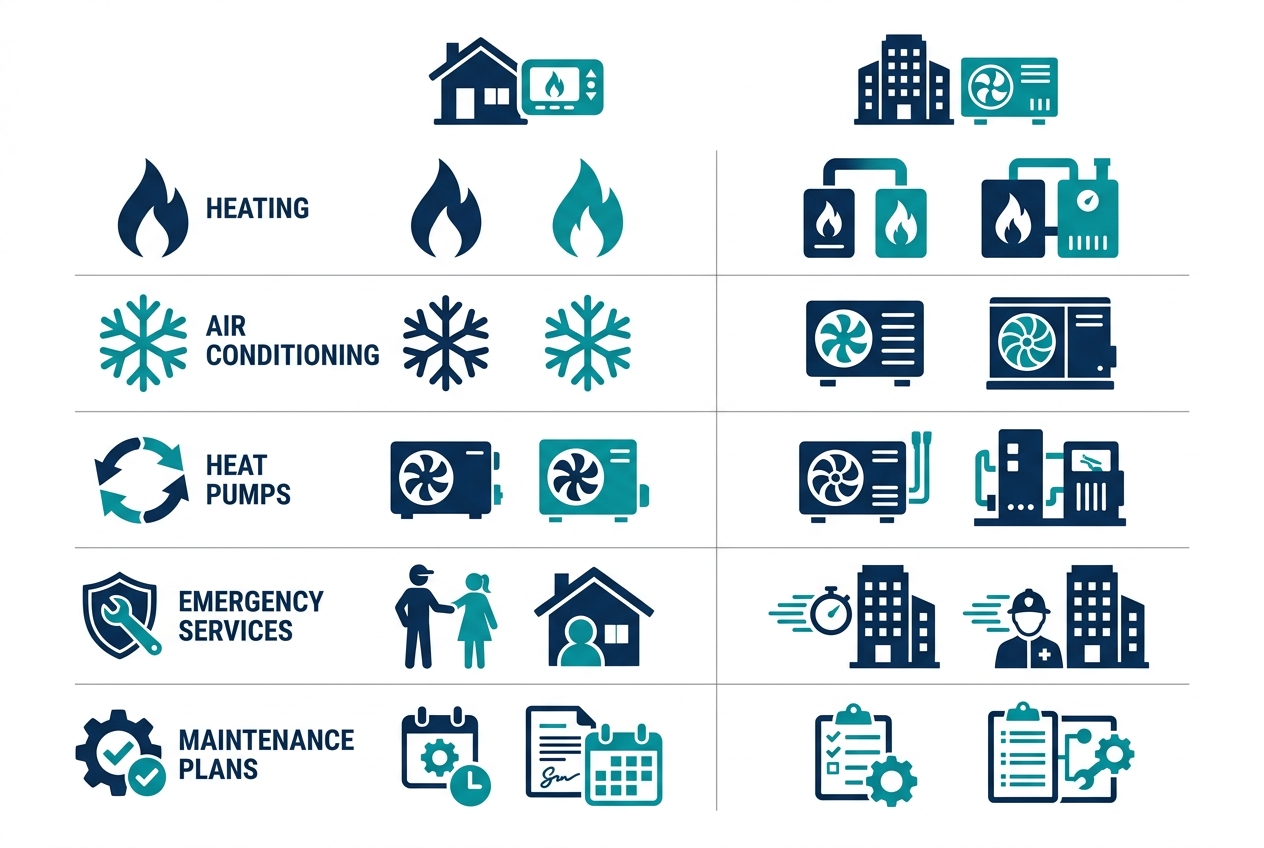 Two-column infographic comparing residential and commercial HVAC services offered by Schwantes Heating and Air Conditioning in Stillwater, Minnesota.