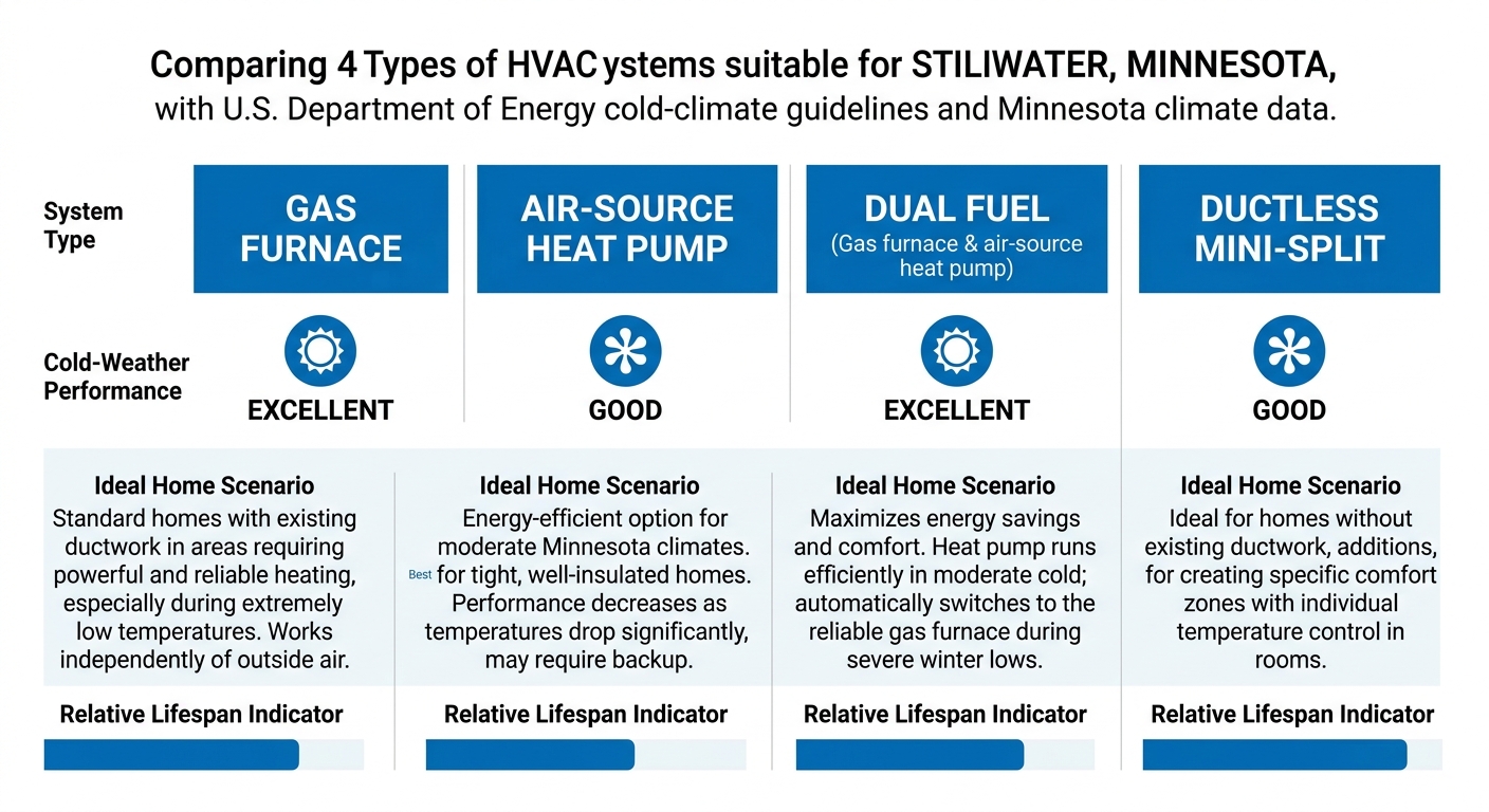 Infographic comparing four HVAC system types for cold-weather performance in Stillwater, Minnesota with gas furnace, heat pump, dual fuel, and ductless mini-split options.